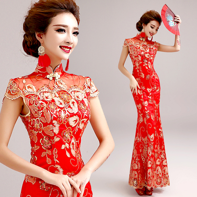 Red lace short sleeve fishtail cheongsam